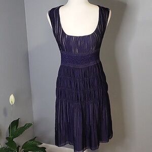 Max Studio Pullover Stretchy Smocked Waist Lined Tiered Purple Boho Dress Size S